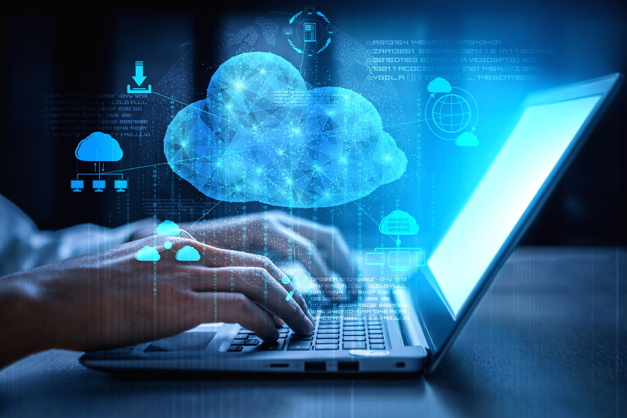 Hands typing on a laptop with a digital cloud and data icons overlay, symbolizing cloud computing and data storage technology.