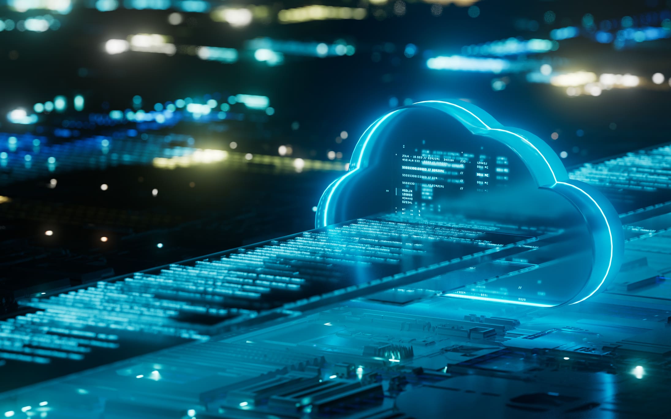 Glowing blue cloud icon with digital data streams, symbolizing cloud computing and data transfer in a cityscape background.