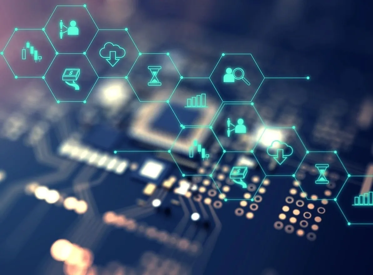 Glowing hexagonal icons over a blurred circuit board represent technology and data concepts like cloud storage, graphs, and magnifying glass.